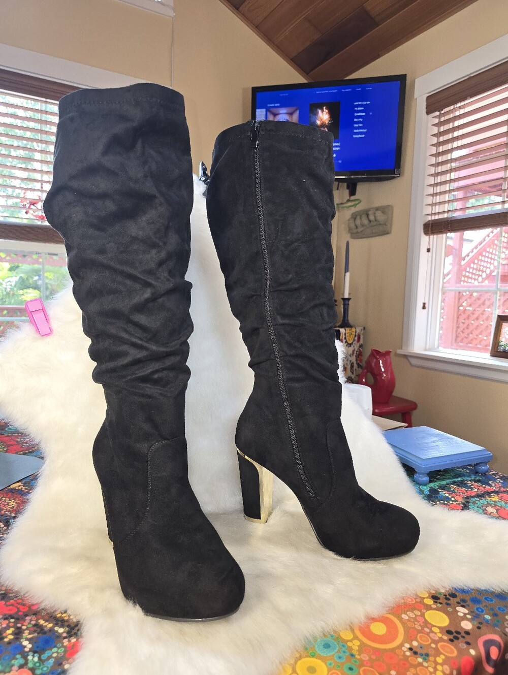 Torrid Faux Suede Metalic-Heeled Slouch Boots